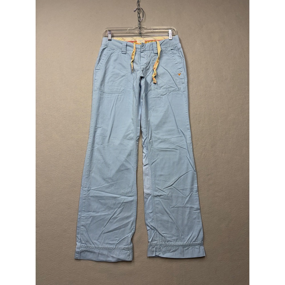 American Eagle Pants Women 2 Blue Pinstripe Y2K Cotton Floral Drawstring Pants
